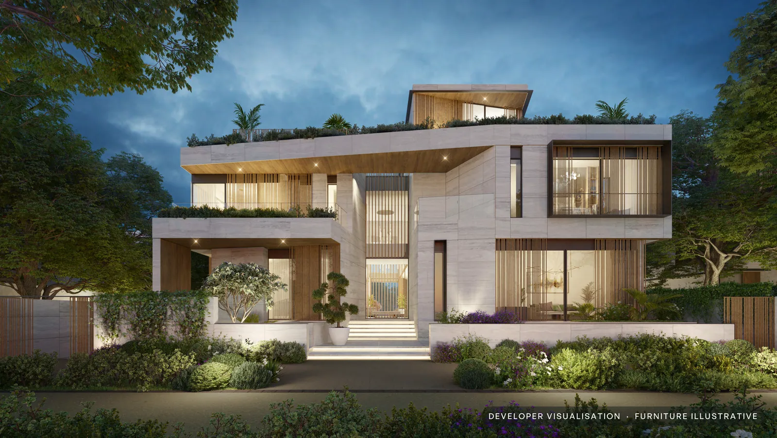 Developer visualisation of the Timeless facade of a Calia mansion from the street at dusk