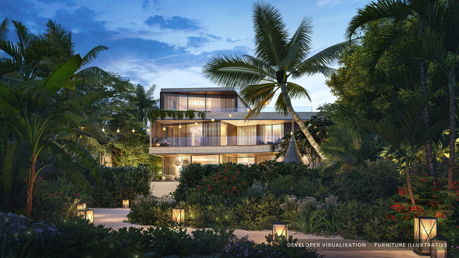 Developer visualisation of a Calia mansion seen from the beach garden at dusk