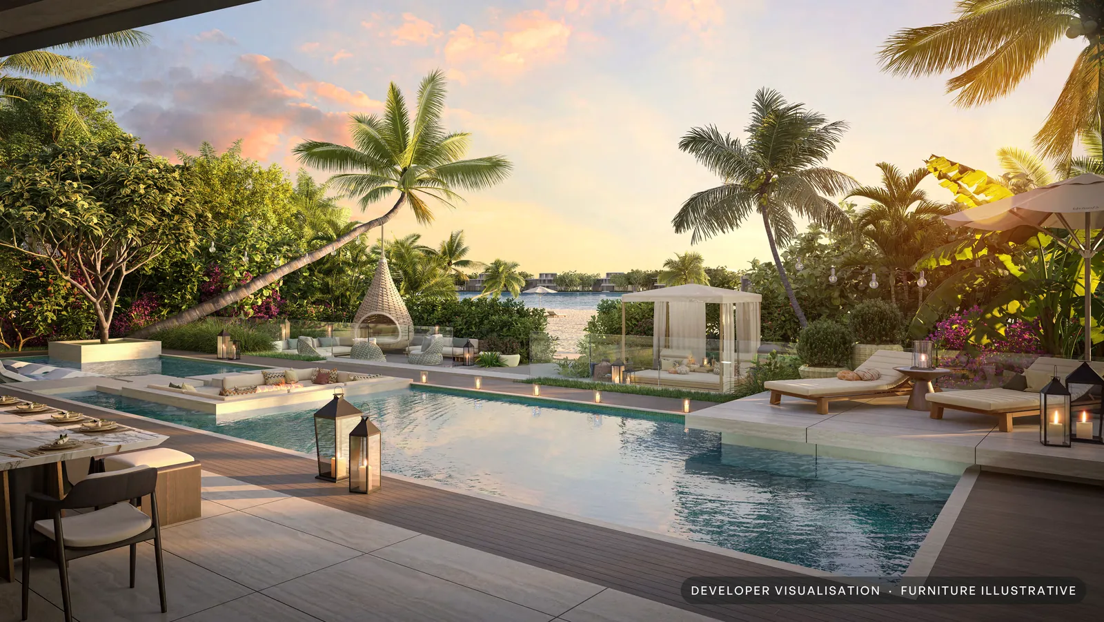 Developer visualisation of the pool terrace at a Calia mansion at sunset, with the lagoon beyond the palms